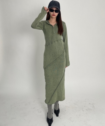 Halfzip knit long one-piece