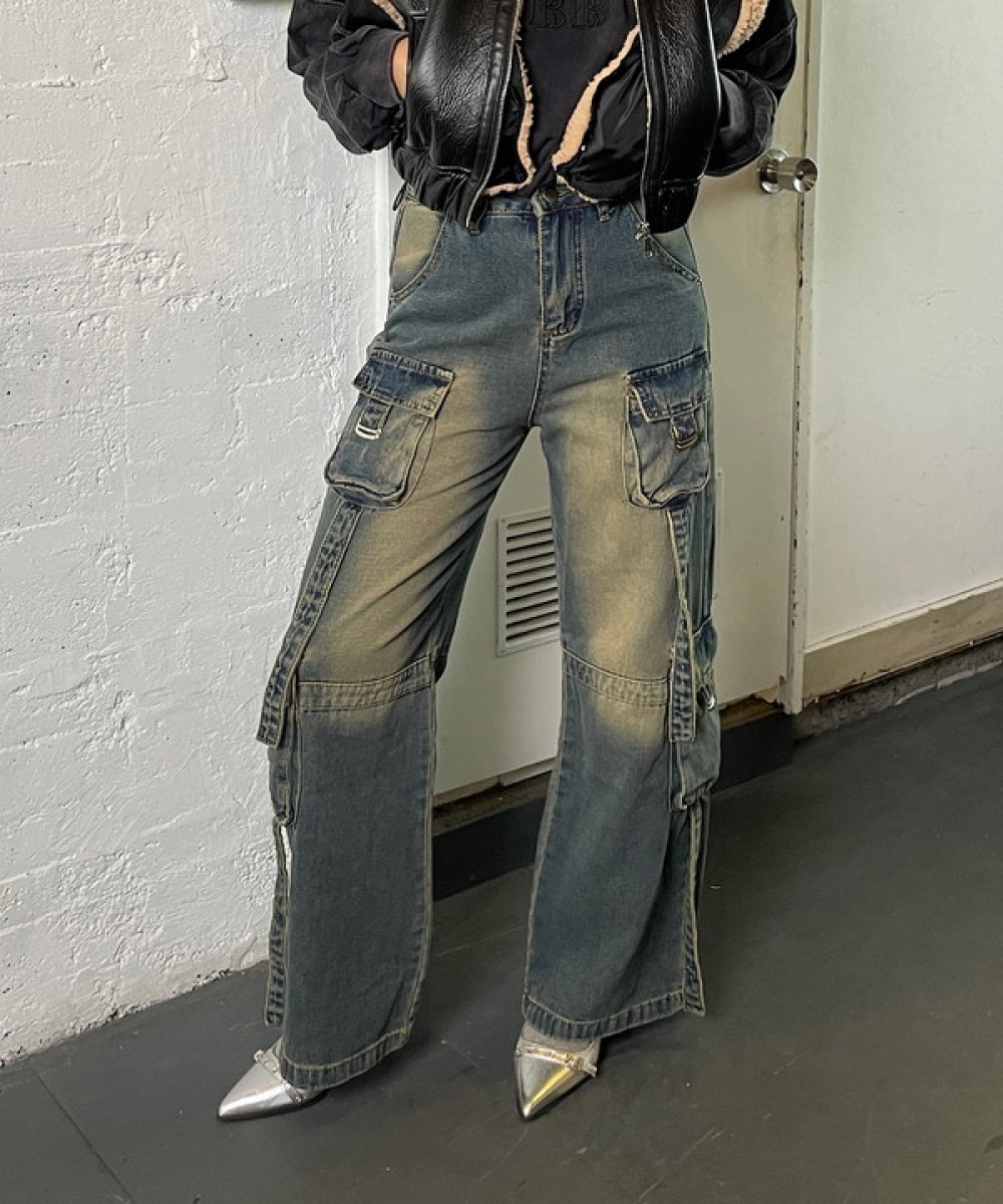 Denim cargo wide pants