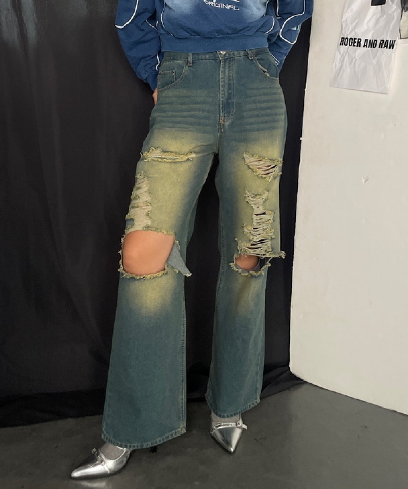 Damage denim straight pants